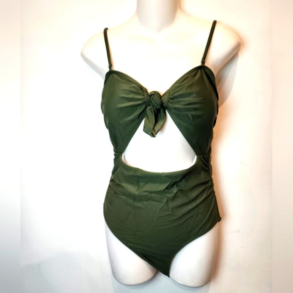 Chic Olive Green Cutout Swimsuit 364 Monokoni Front‎ Tie Size S